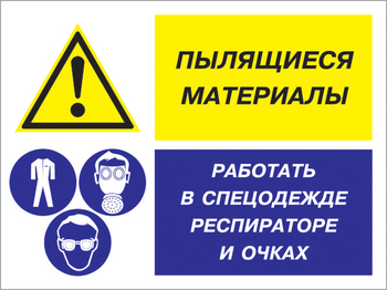 Кз 87 пылящиеся материалы - работать в спецодежде, респираторе и очках. (пластик, 600х400 мм) - Знаки безопасности - Комбинированные знаки безопасности - Магазин охраны труда ohranatruda-shop.ru